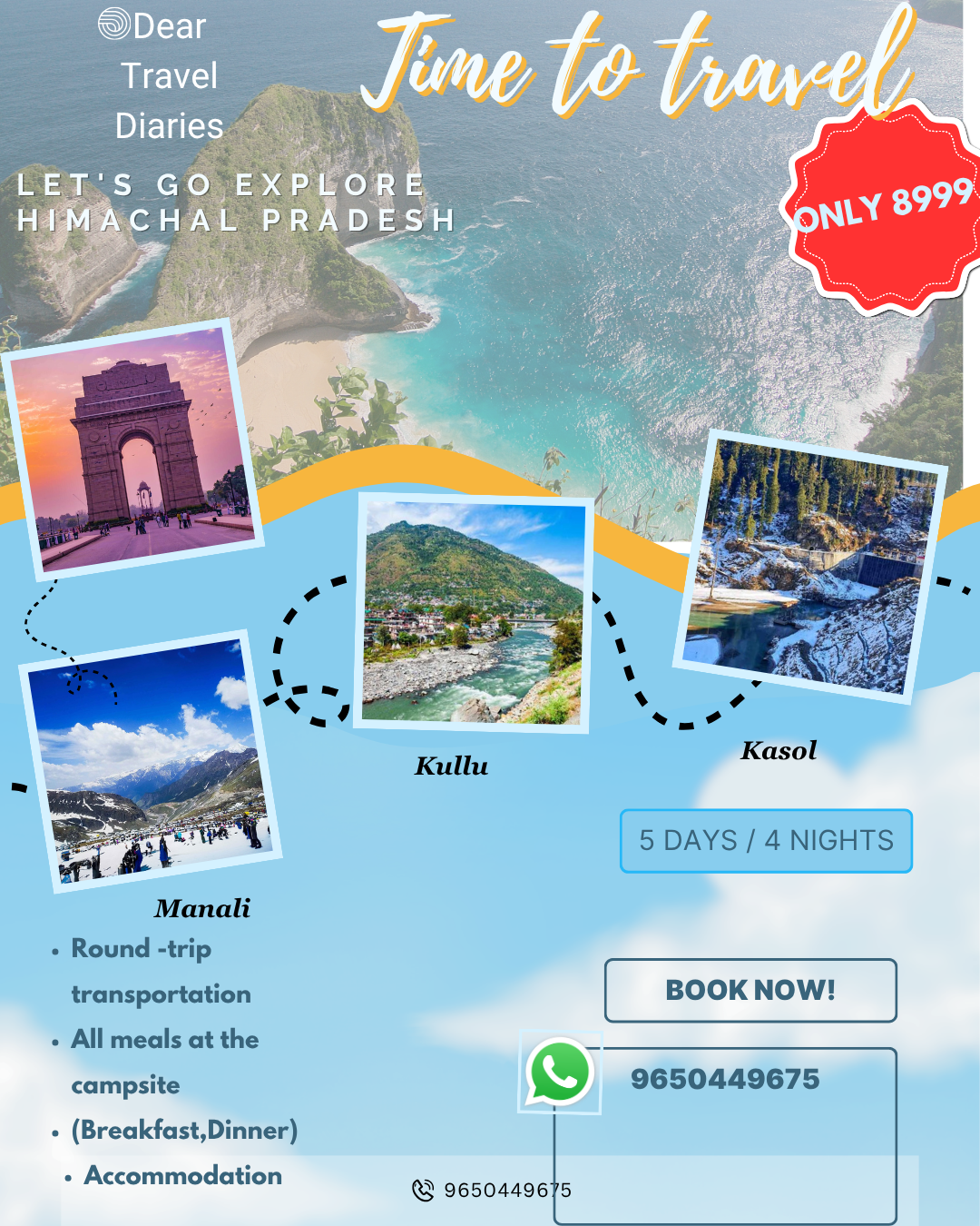 🌄 Escape to the Heart of Himachal Pradesh! 🌄  Dear Travel Diaries brings you an unforgettable 5 Days / 4 Nights journey through the breathtaking landscapes of Manali, Kullu & Kasol.  ✨ Snow-capped mountains ✨ Scenic river valleys ✨ Peaceful pine forests ✨ Adventure, nature & unforgettable memories  Package Includes: ✔️ Round-trip transportation ✔️ Comfortable accommodation ✔️ Delicious meals at the campsite (Breakfast & Dinner) ✔️ Sightseeing across Manali, Kullu & Kasol ✔️ Fun-filled travel experience with fellow explorers  Whether you're seeking adventure, relaxation, or simply a break from the everyday routine, this Himachal getaway is the perfect escape.  💰 Starting at just ₹8,999  📞 Book Now: 9650449675  📸 Follow us on Instagram for travel updates, trip highlights & upcoming adventures: @dear_travel_diaries  Pack your bags, create memories, and let the mountains tell their story. 🏔️✨  Dear Travel Diaries — Because every journey deserves a beautiful story. ❤️